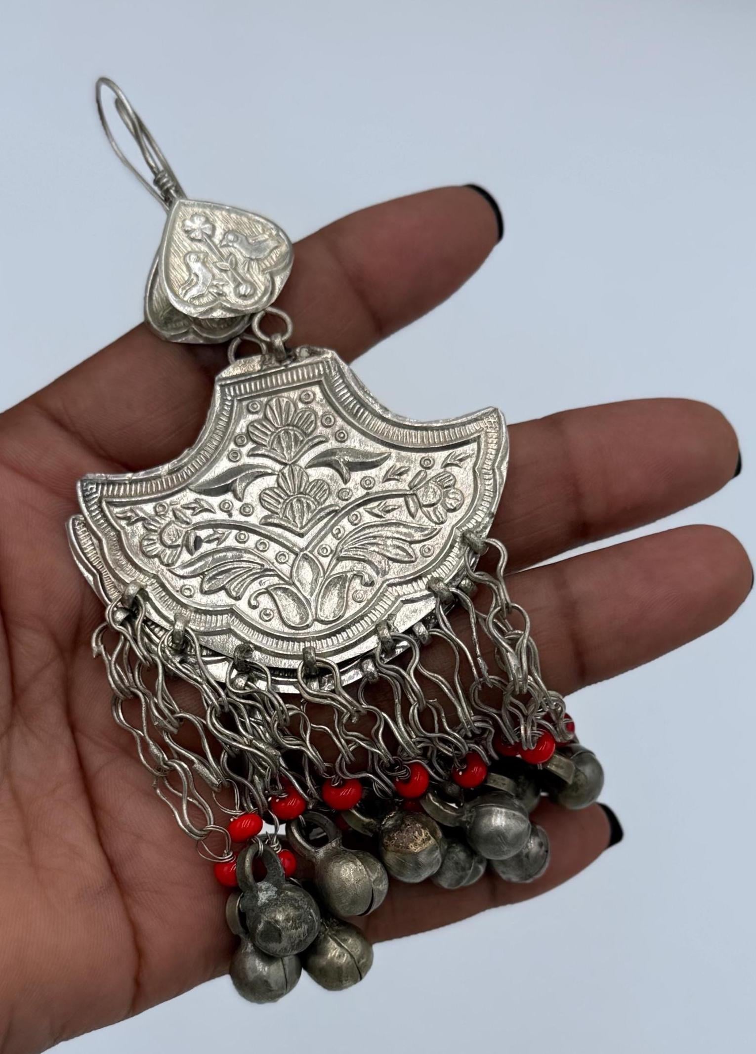 Vintage Afghan Kuchi Bell Earrings - Handmade Ethnic Tribal Dangle Jewelry with Red Beads