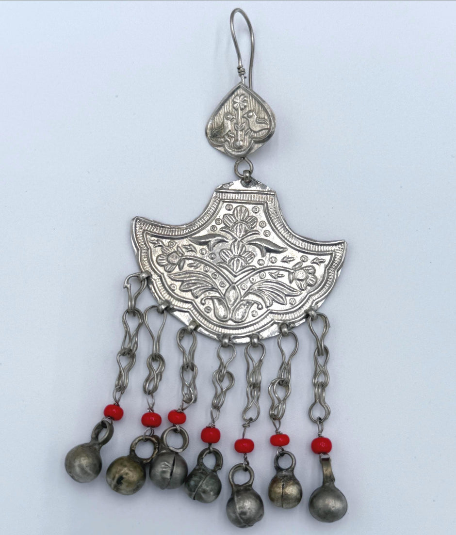 Vintage Afghan Kuchi Bell Earrings - Handmade Ethnic Tribal Dangle Jewelry with Red Beads