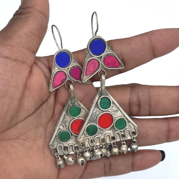 Vintage Afghan Kuchi Tribal Earrings: Colorful Glass Inlays, Bell Charms, Boho Ethnic Festival Jewelry