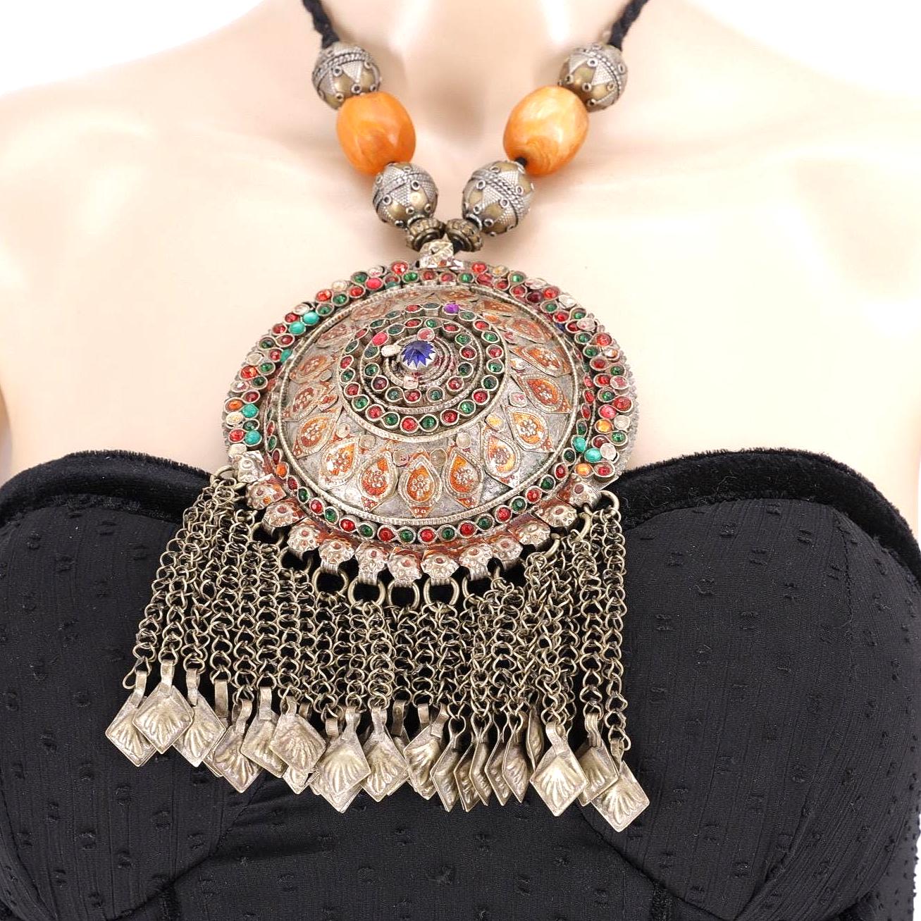 Kuchi Tribal Necklace | Vintage Afghan Pendant, Beaded Statement Jewelry