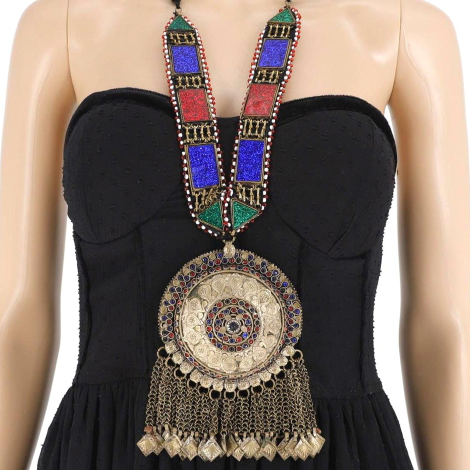 Vintage Afghan Kuchi Necklace | Tribal Statement Pendant | Bohemian Glass Beads Choker