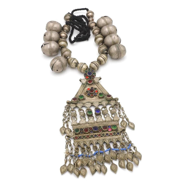 Vintage Turkmen Kuchi Necklace: Afghan Brass, Glass & Metal Tribal Jewelry