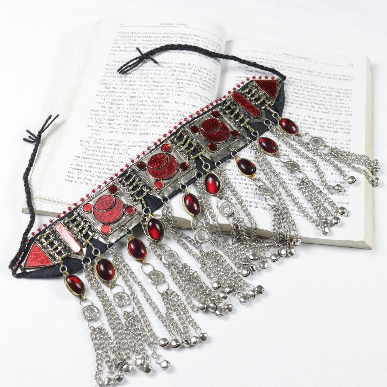 Handmade Afghan Red Jewelry Set: Choker Necklace, Headpiece, Earrings - Boho Belly Dance Kuchi Style