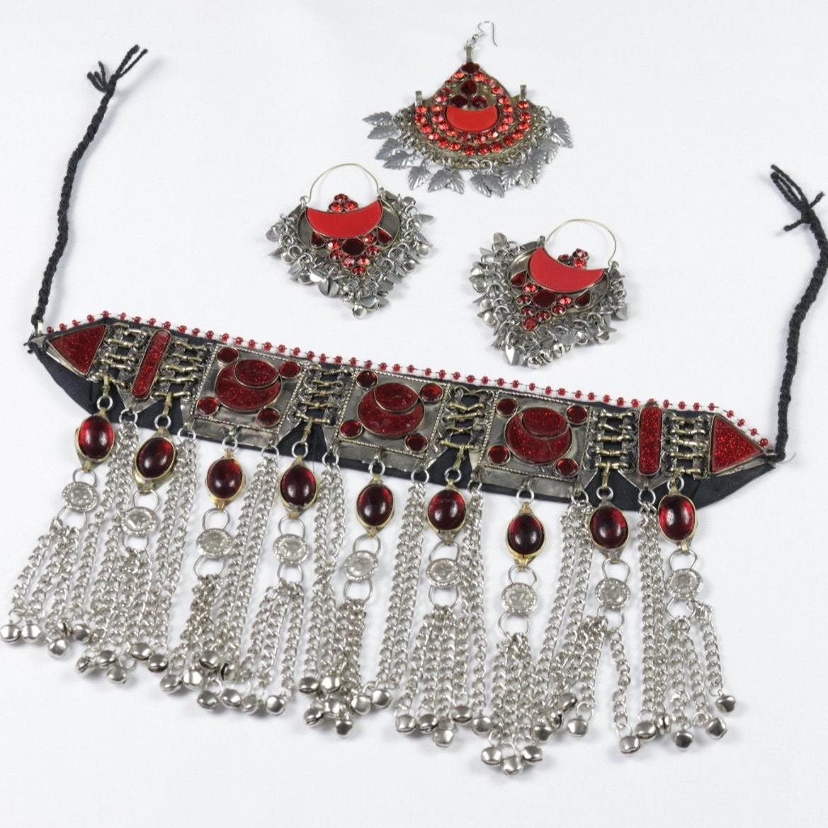 Handmade Afghan Red Jewelry Set: Choker Necklace, Headpiece, Earrings - Boho Belly Dance Kuchi Style