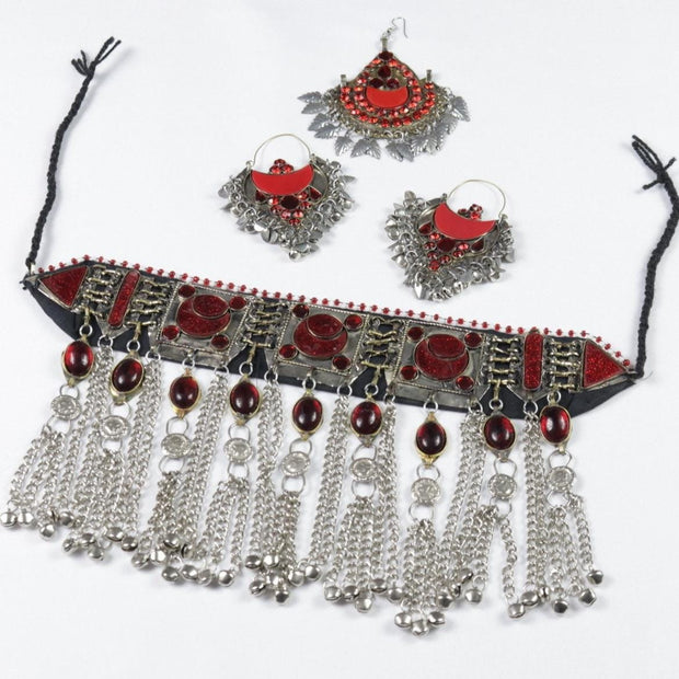 Handmade Afghan Red Jewelry Set: Choker Necklace, Headpiece, Earrings - Boho Belly Dance Kuchi Style