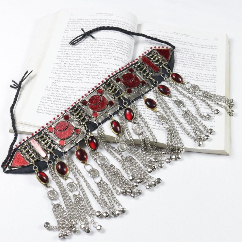 Handmade Afghan Red Jewelry Set: Choker Necklace, Headpiece, Earrings - Boho Belly Dance Kuchi Style