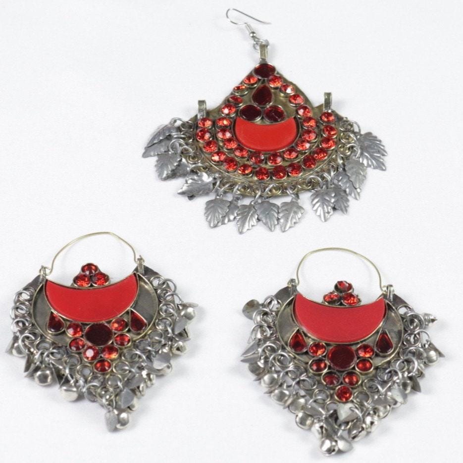Handmade Afghan Red Jewelry Set: Choker Necklace, Headpiece, Earrings - Boho Belly Dance Kuchi Style