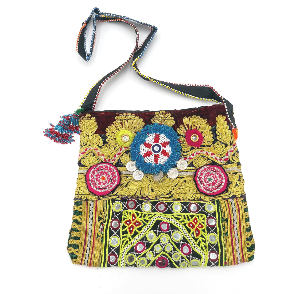 Embroidered Afghan Tribal Bag: Vintage Boho Crossbody Purse with Coins