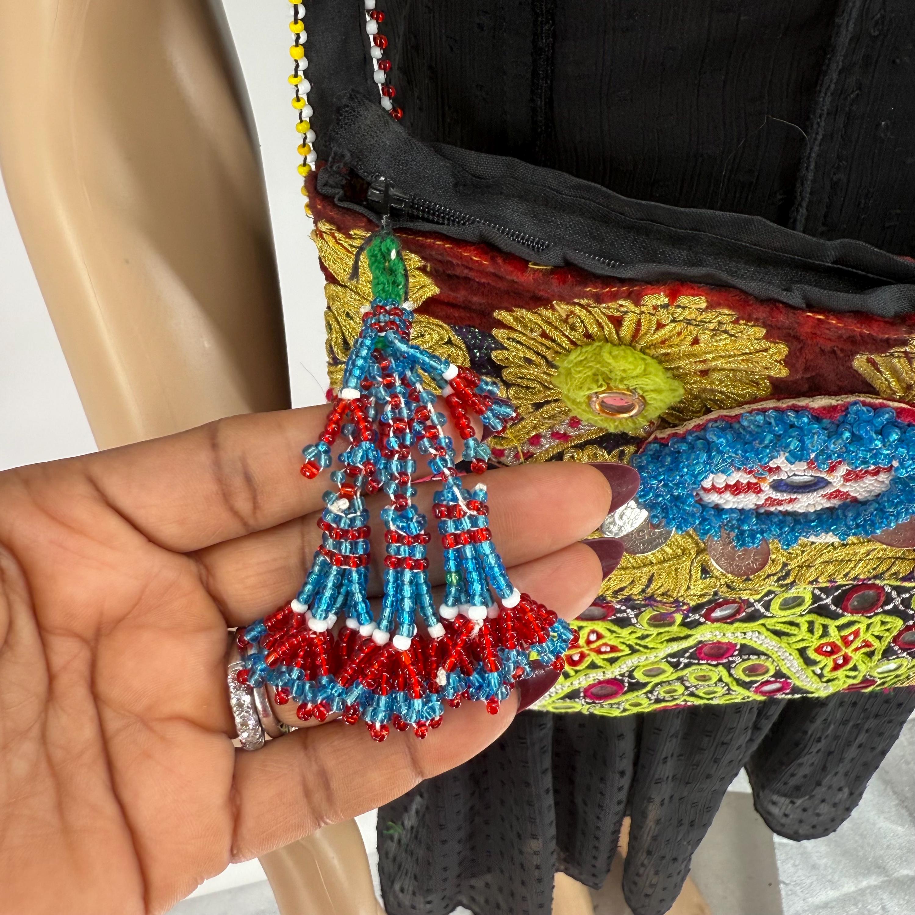 Embroidered Afghan Tribal Bag: Vintage Boho Crossbody Purse with Coins