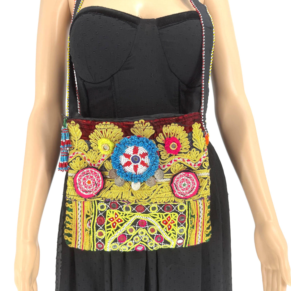 Embroidered Afghan Tribal Bag: Vintage Boho Crossbody Purse with Coins