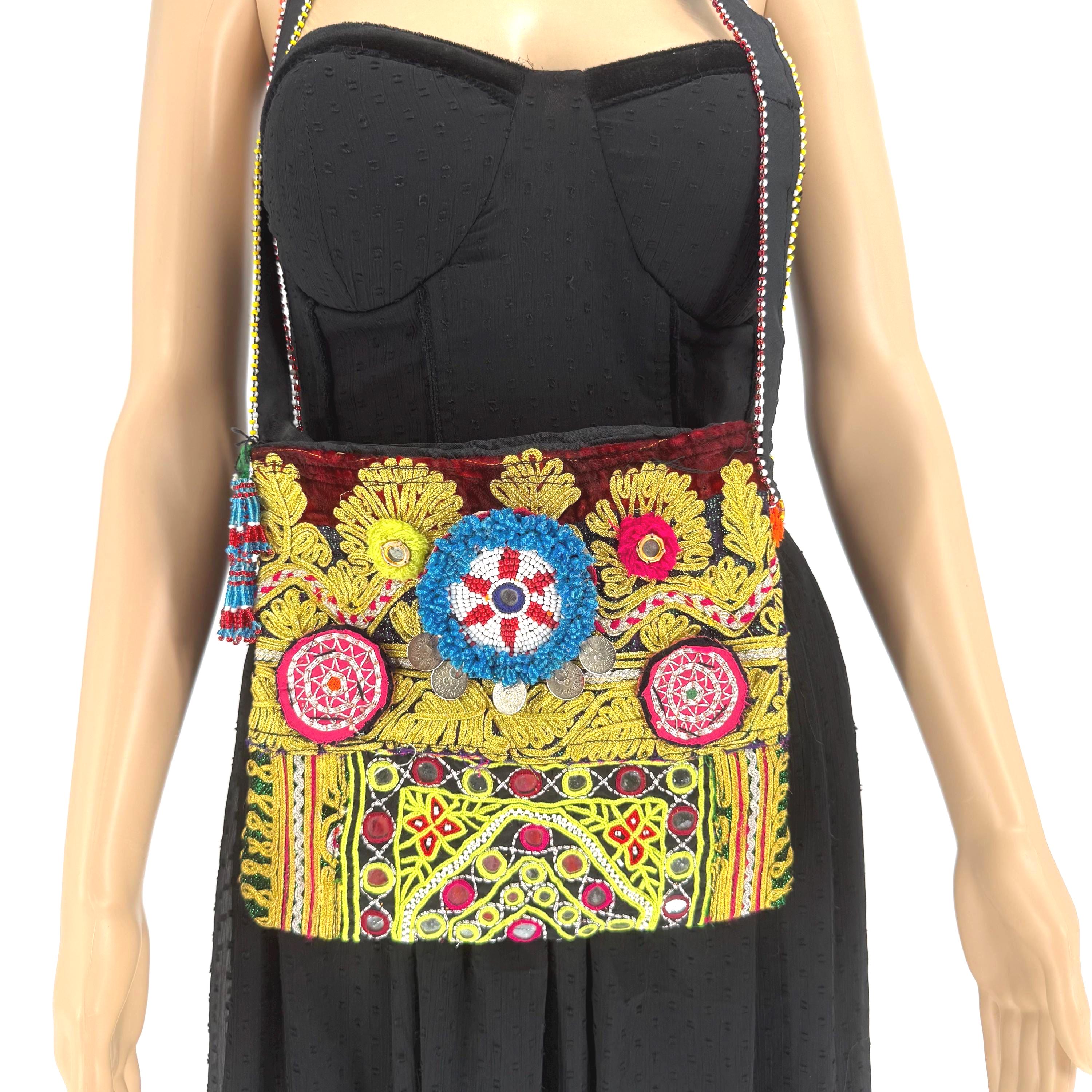 Embroidered Afghan Tribal Bag: Vintage Boho Crossbody Purse with Coins
