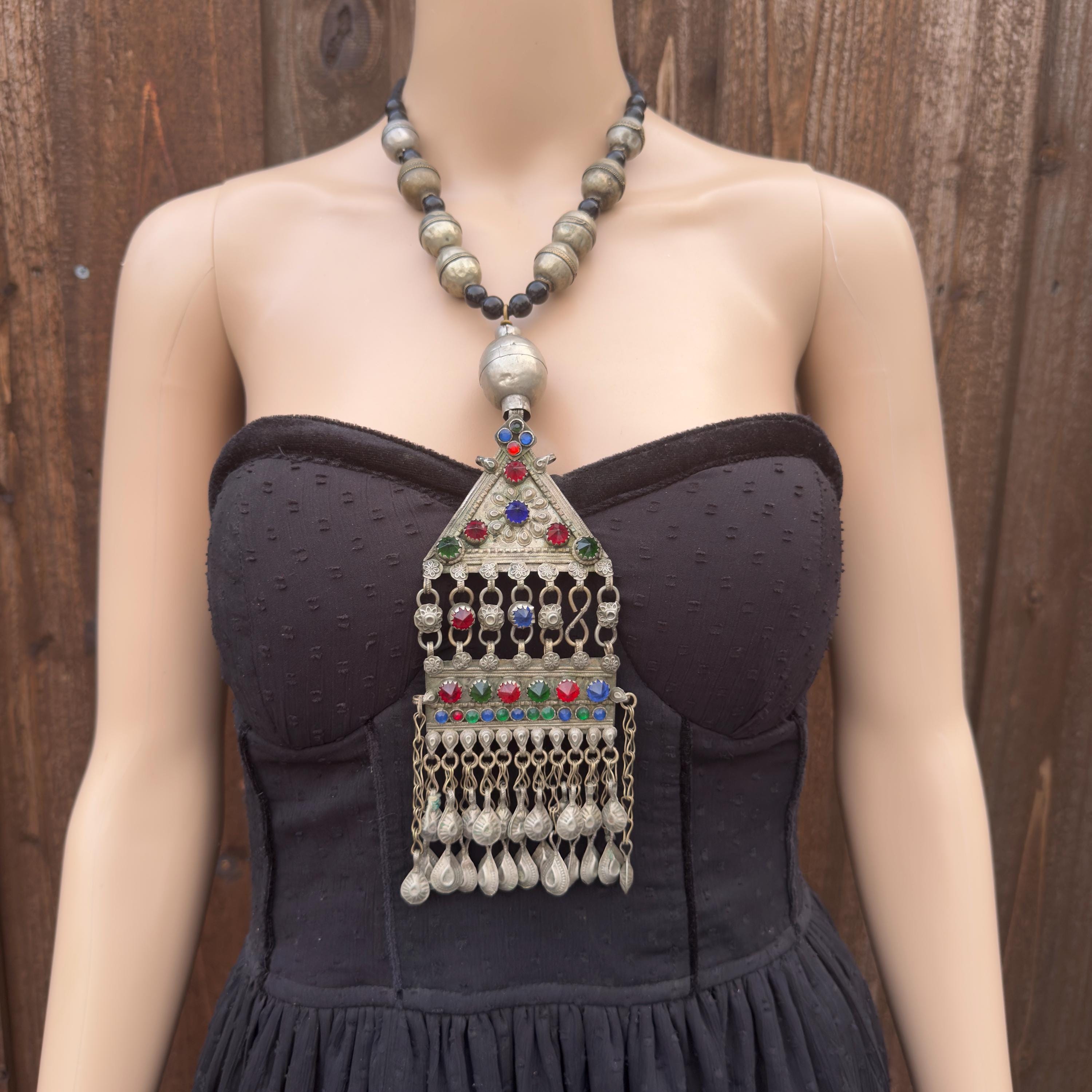 Vintage Turkmen Kuchi Necklace: Afghan Brass, Glass & Metal Tribal Jewelry