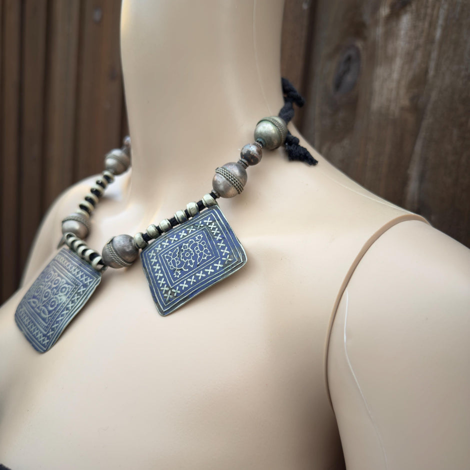 Vintage 3 Pendants Afghan Statement Necklace – Handmade Kuchi Tribal Boho Ethnic Jewelry