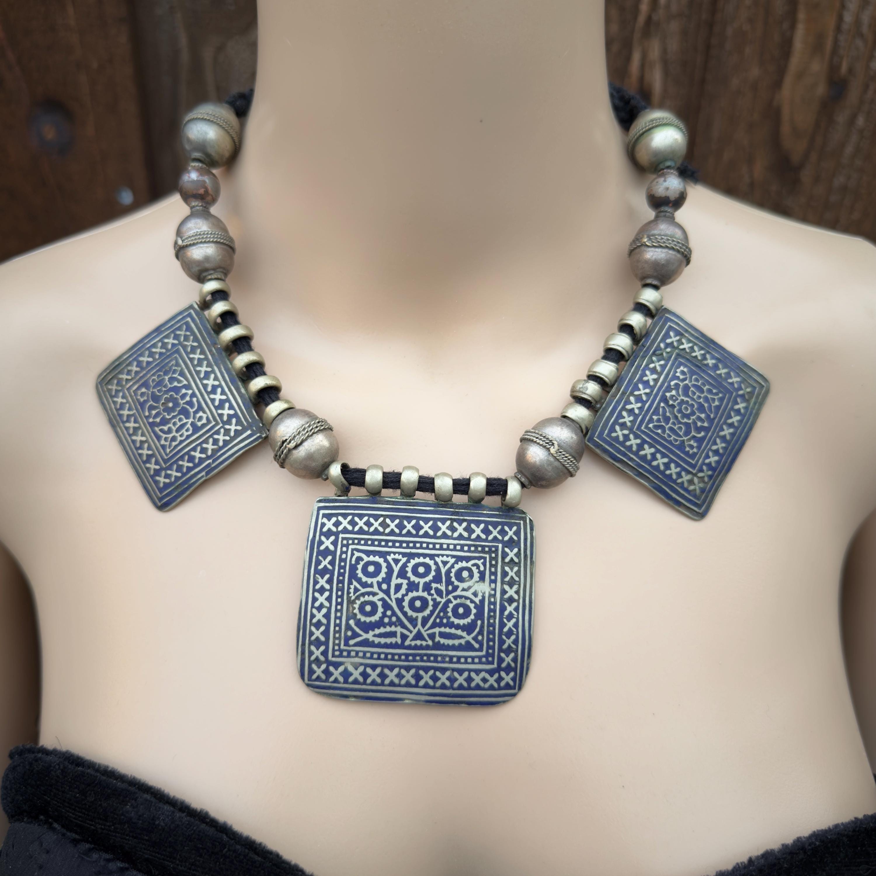 Vintage 3 Pendants Afghan Statement Necklace – Handmade Kuchi Tribal Boho Ethnic Jewelry