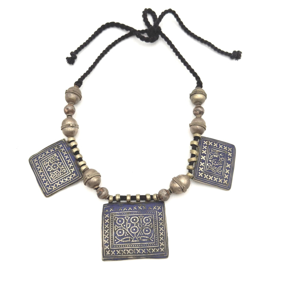 Vintage 3 Pendants Afghan Statement Necklace – Handmade Kuchi Tribal Boho Ethnic Jewelry