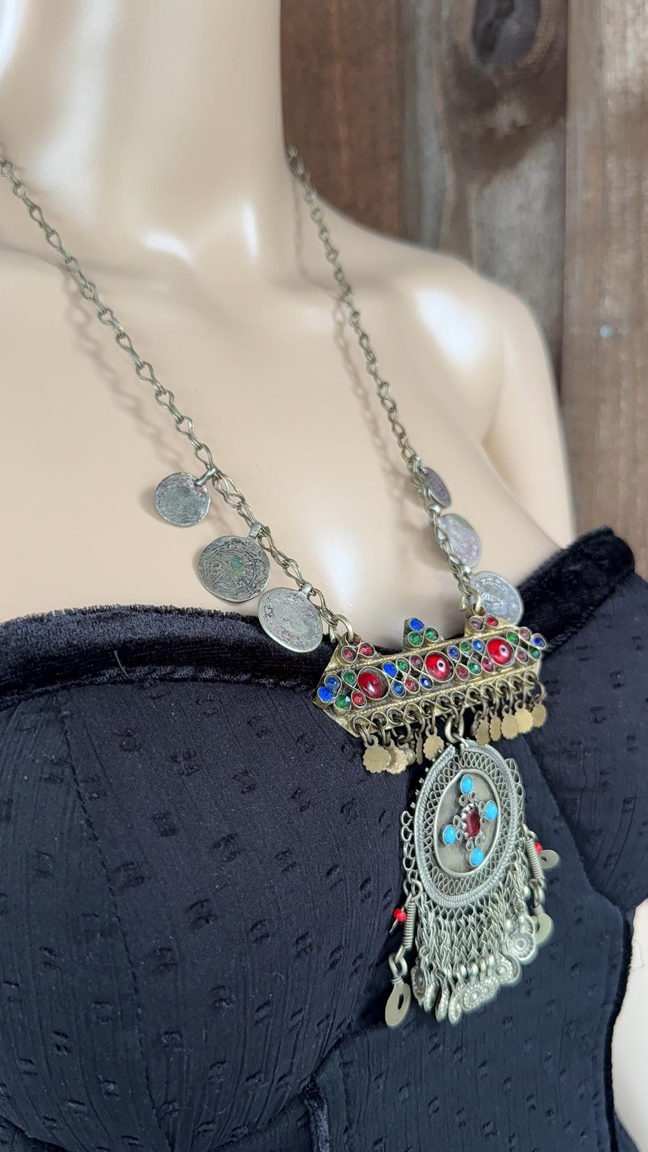 Vintage Afghan Statement Necklace – Handmade Kuchi Tribal Pendant - Boho Ethnic Coins Jewelry