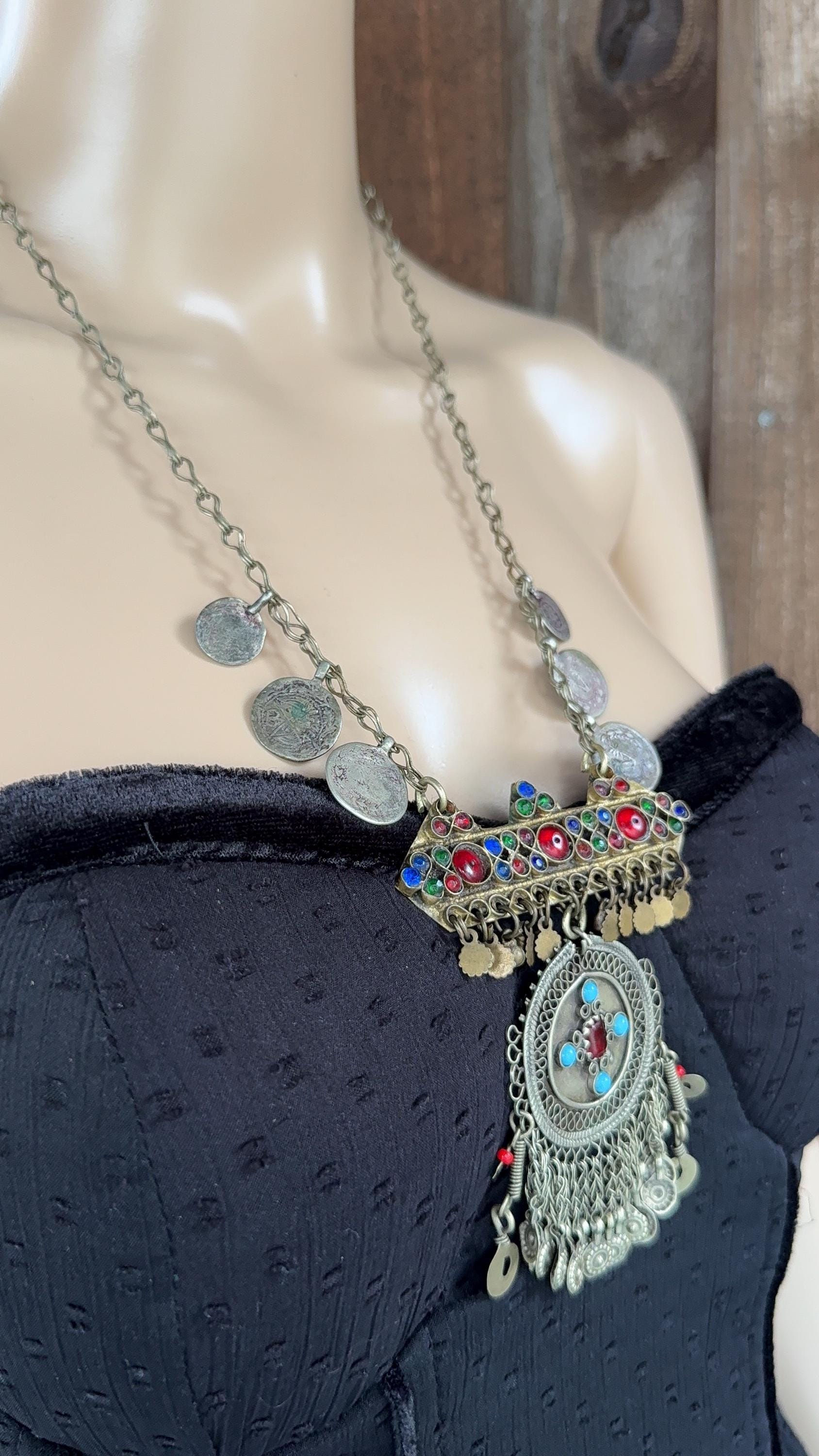 Vintage Afghan Statement Necklace – Handmade Kuchi Tribal Pendant - Boho Ethnic Coins Jewelry
