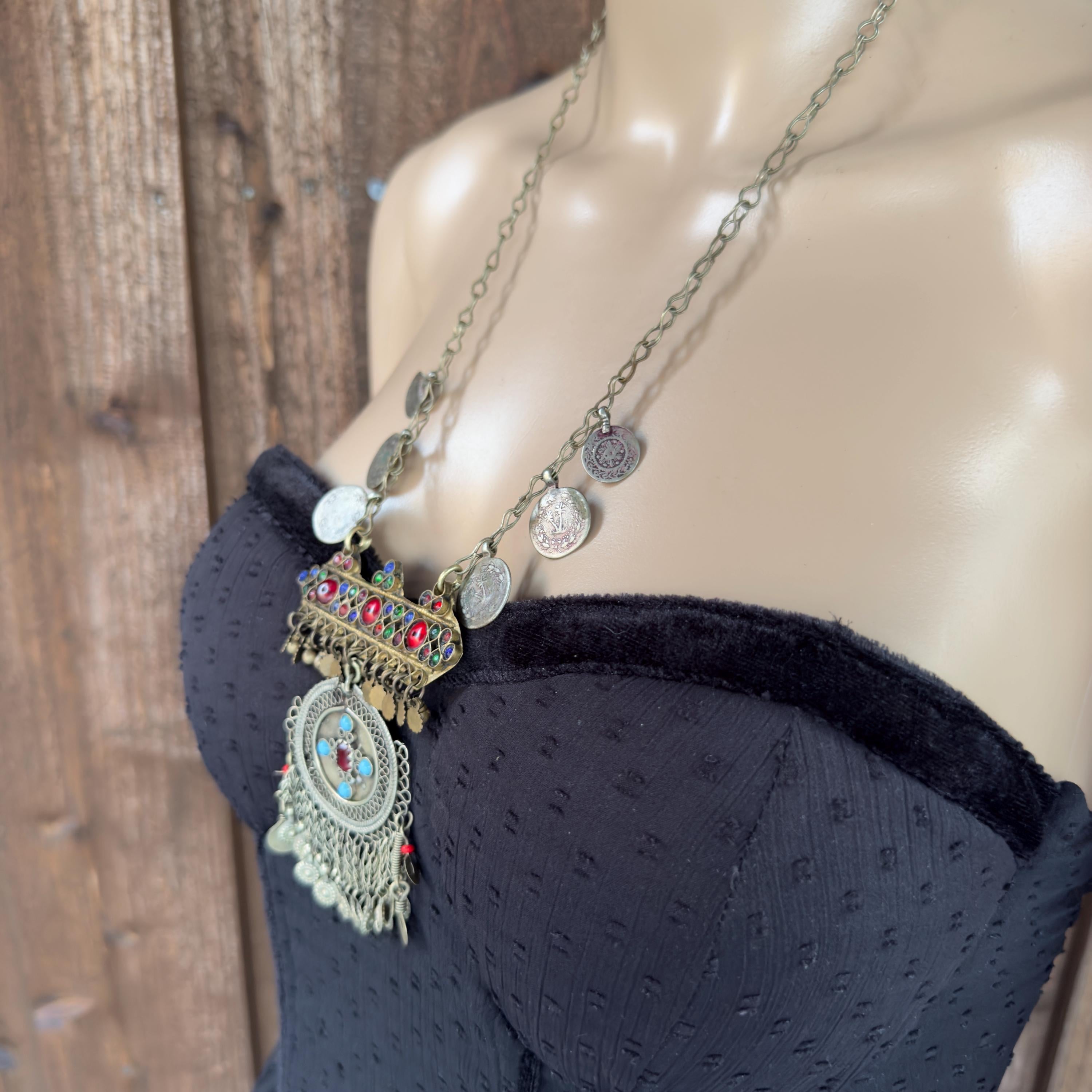 Vintage Afghan Statement Necklace – Handmade Kuchi Tribal Pendant - Boho Ethnic Coins Jewelry