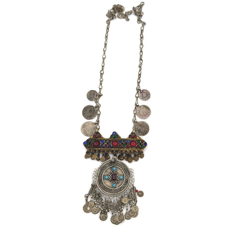Vintage Afghan Statement Necklace – Handmade Kuchi Tribal Pendant - Boho Ethnic Coins Jewelry