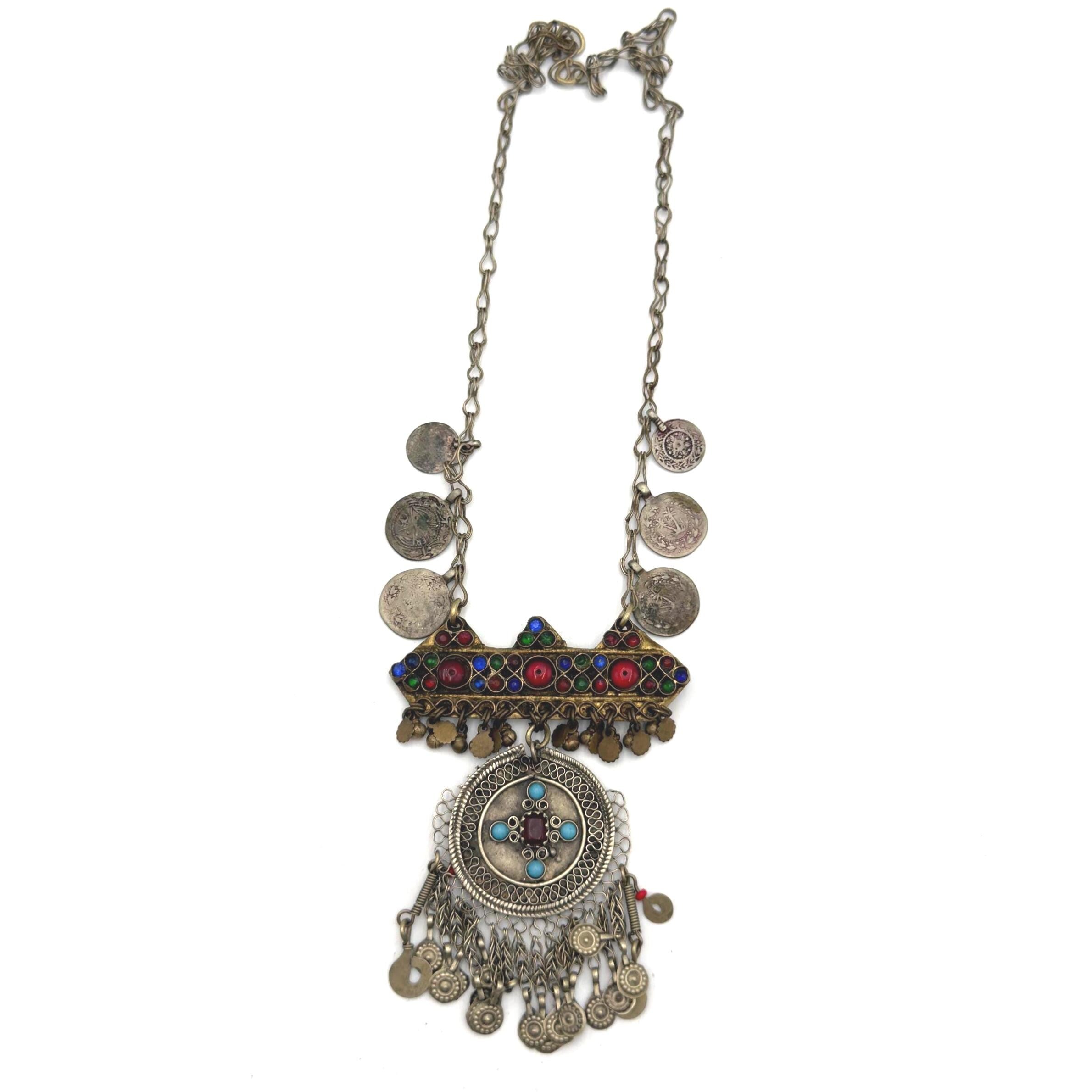 Vintage Afghan Statement Necklace – Handmade Kuchi Tribal Pendant - Boho Ethnic Coins Jewelry