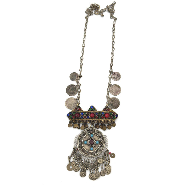 Vintage Afghan Statement Necklace – Handmade Kuchi Tribal Pendant - Boho Ethnic Coins Jewelry