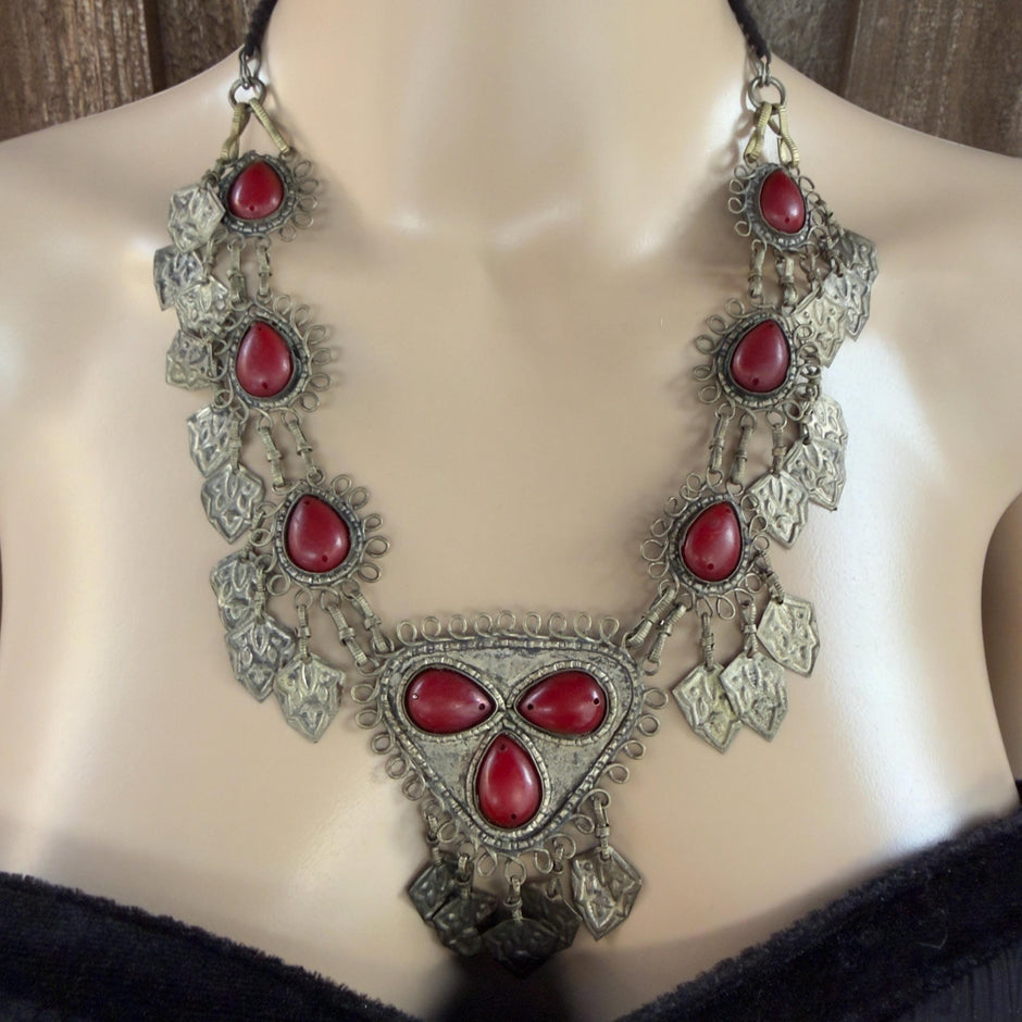 Vintage Afghan Statement Necklace – Handmade Kuchi Tribal Pendant With Red Stones - Adjustable