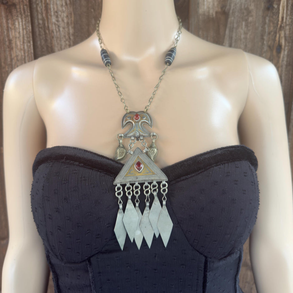 Vintage Turkmen Statement Necklace – Handmade Kuchi Tribal Pendant - Boho Ethnic Jewelry