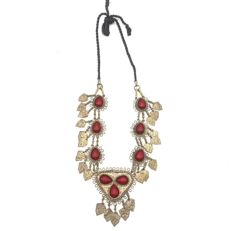 Vintage Afghan Statement Necklace – Handmade Kuchi Tribal Pendant With Red Stones - Adjustable
