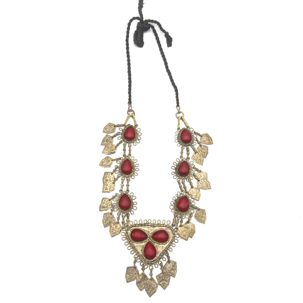 Vintage Afghan Statement Necklace – Handmade Kuchi Tribal Pendant With Red Stones - Adjustable