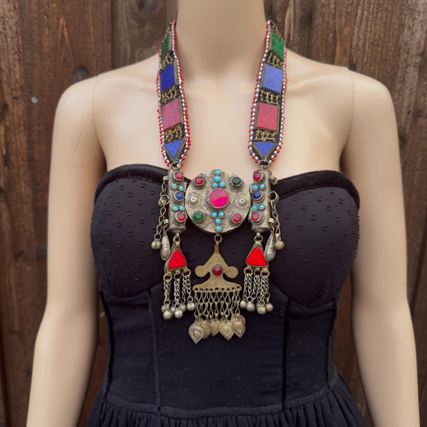 Multi Color Vintage Afghan Statement Necklace – Handmade Kuchi Tribal Boho Ethnic Jewelry