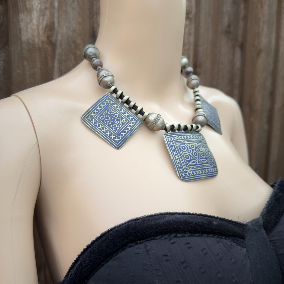Vintage 3 Pendants Afghan Statement Necklace – Handmade Kuchi Tribal Boho Ethnic Jewelry