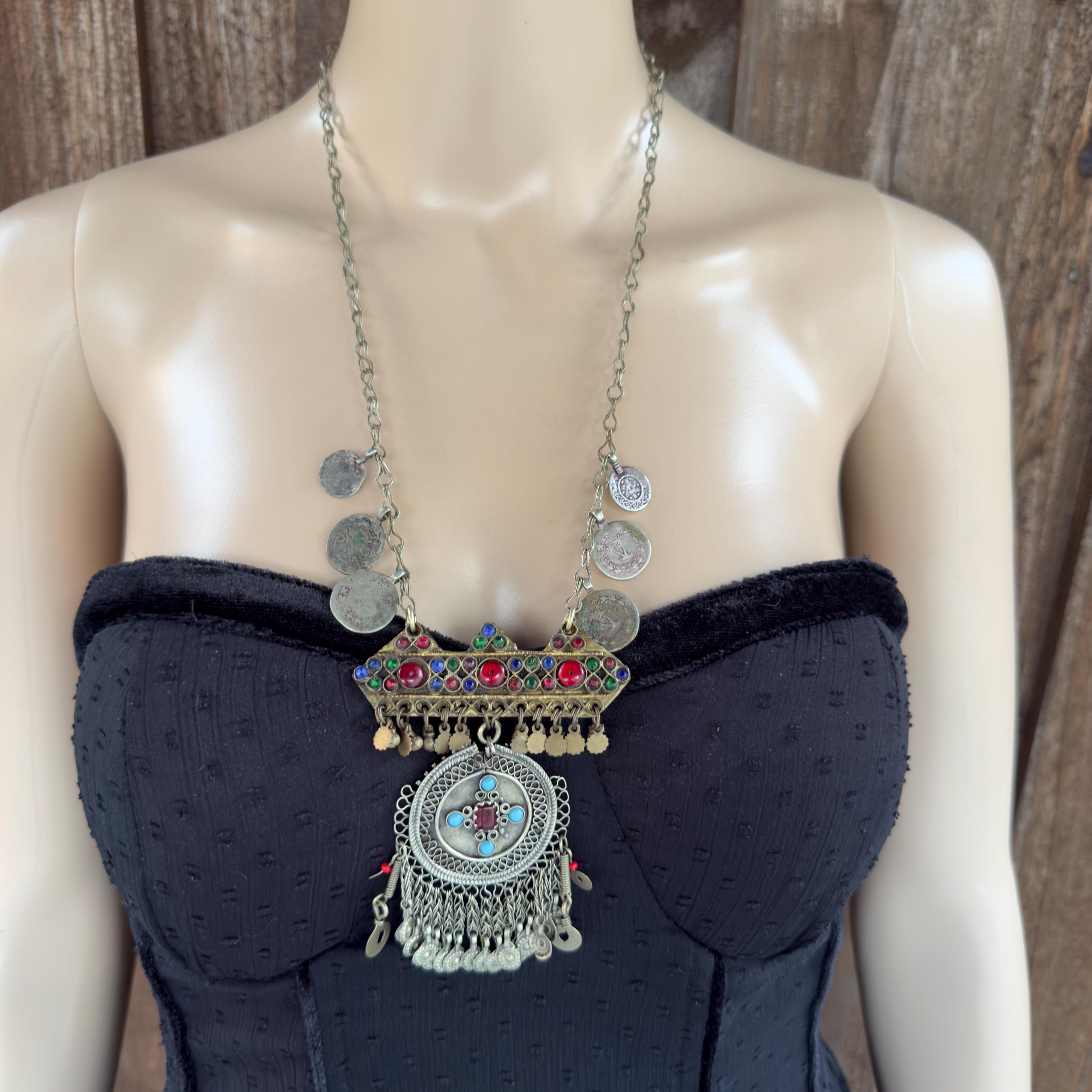 Vintage Afghan Statement Necklace – Handmade Kuchi Tribal Pendant - Boho Ethnic Coins Jewelry