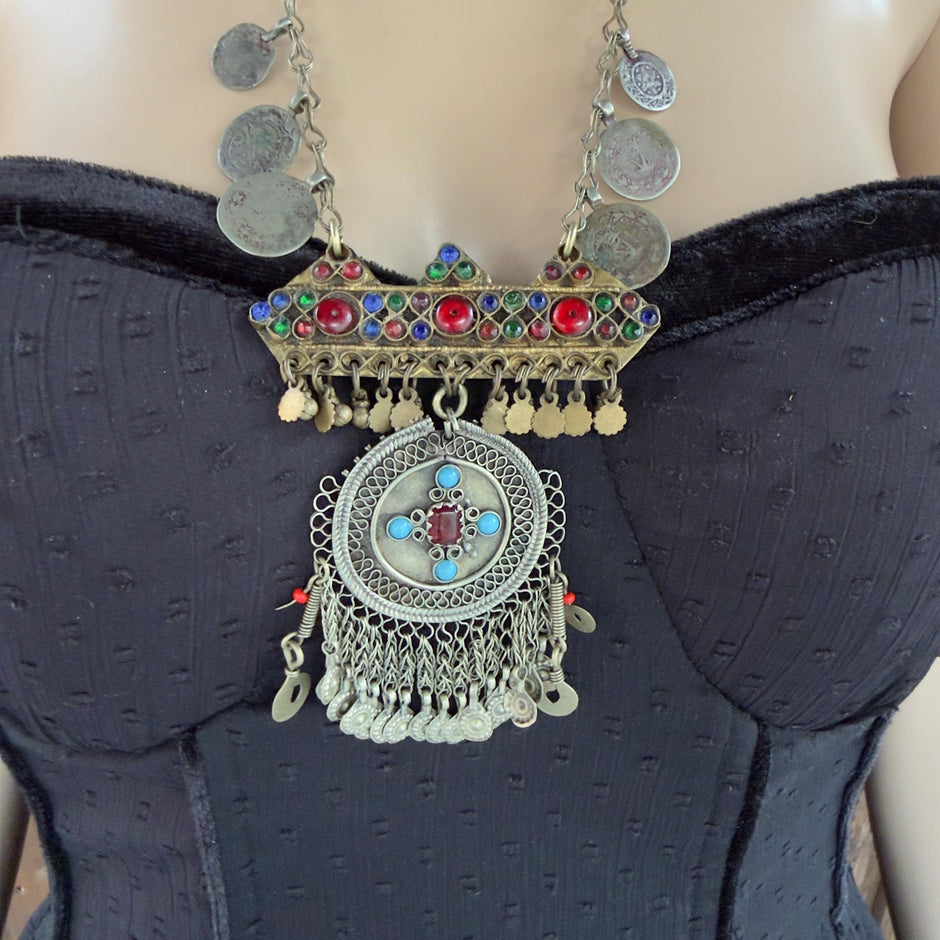 Vintage Afghan Statement Necklace – Handmade Kuchi Tribal Pendant - Boho Ethnic Coins Jewelry