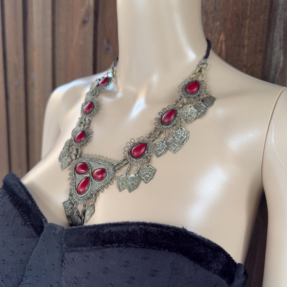 Vintage Afghan Statement Necklace – Handmade Kuchi Tribal Pendant With Red Stones - Adjustable