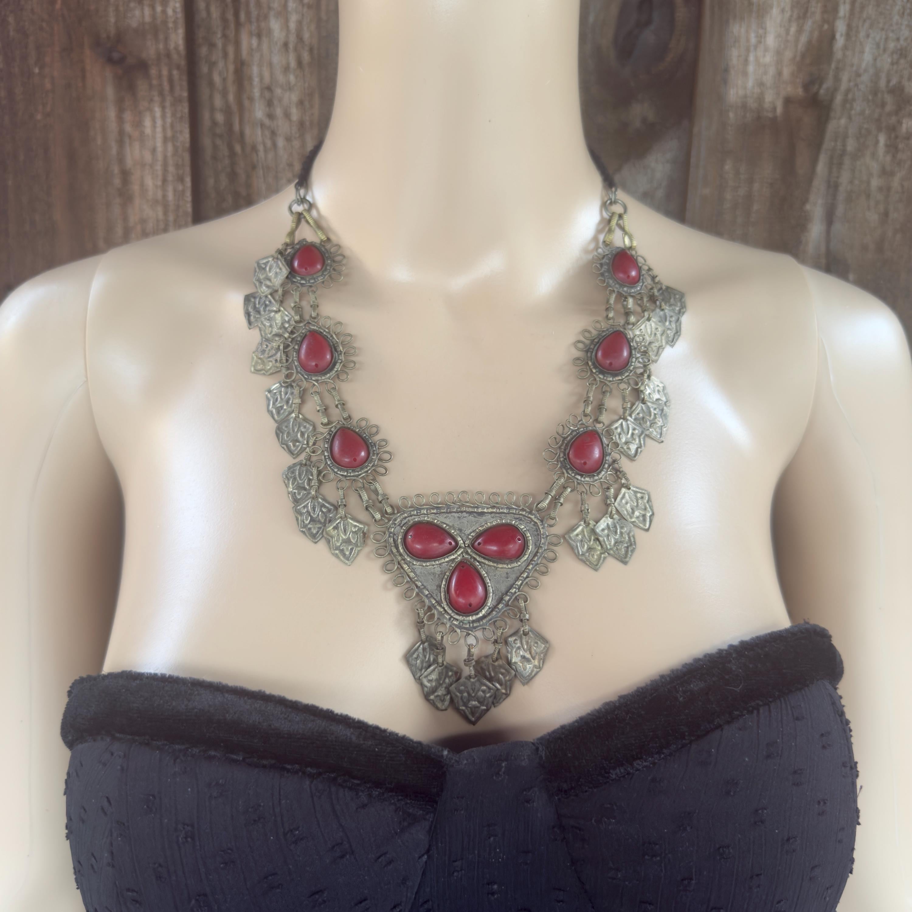 Vintage Afghan Statement Necklace – Handmade Kuchi Tribal Pendant With Red Stones - Adjustable
