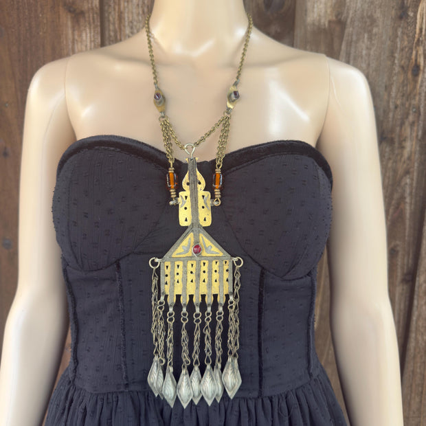 Vintage Afghan Turkmen Statement Necklace – Handmade Kuchi Tribal Pendant - Boho Jewelry